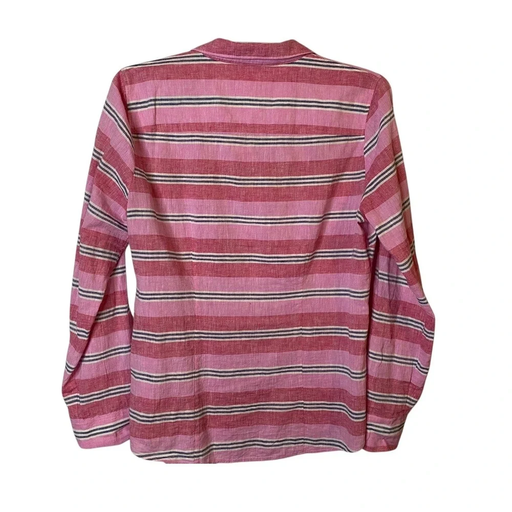 J Crew Linen Blouse Striped Button Down Shirt Women Size Large Pink
